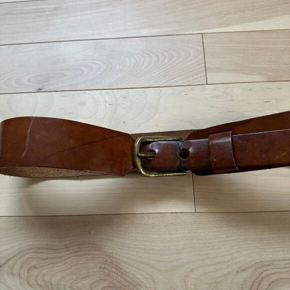 Vintage Handmade Leather Belt – Thick Sturdy Brown Leather, Brass Buckle - Picture 3 of 8